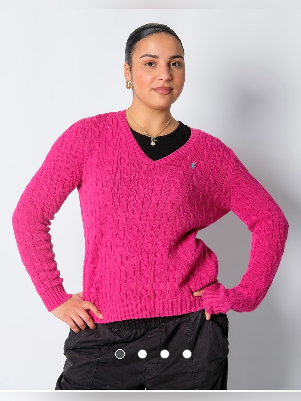 Vintage Ralph Lauren V-Neck Cable Knit Sweater in Hot Pink